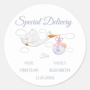 Pegatina Redonda Entrega Especial de Cigüeña Azul para Baby Shower