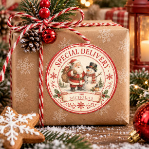 Pegatina Redonda Entrega especial de hombre de nieve de Santa con n