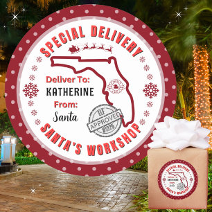 Pegatina Redonda Entrega especial de Santa a niño en Florida