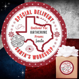 Pegatina Redonda Entrega especial de Santa a niño en rojo de Texas