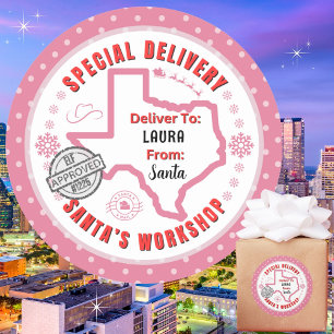 Pegatina Redonda Entrega especial de Santa a niño en rosa de Texas