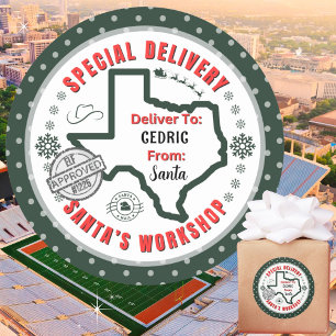 Pegatina Redonda Entrega especial de Santa a niño en Texas
