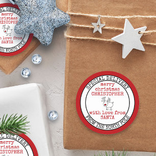 Pegatina Redonda Entrega especial de Santa Claus personalizada del