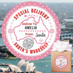 Pegatina Redonda Entrega especial de Santa María a un niño en Austr