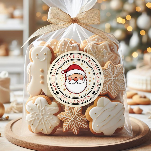 Pegatina Redonda Entrega especial de Santa Personalizado (Santa Claus Special Delivery Custom Round Christmas Sticker)