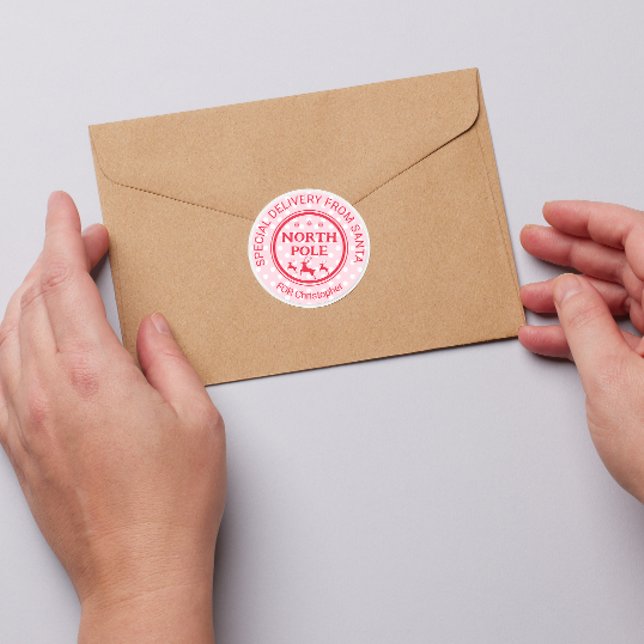 Pegatina Redonda Entrega especial de vacaciones en el Polo Norte de (north pole stickers santas workshop from santa children please deliver to xmas)