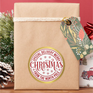 Pegatina Redonda Entrega Especial del Polo Norte Feliz Navidad Rega