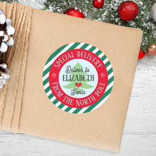 Pegatina Redonda Entrega especial del sticker navideño de Santa Kid