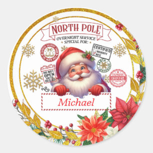 Pegatina Redonda Entrega Personalizada del Polo Norte Santa Navidad