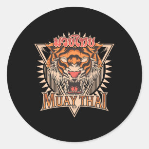 Pegatina Redonda Entrenamiento Vintage de Kickboxing Tigar Muay Tha