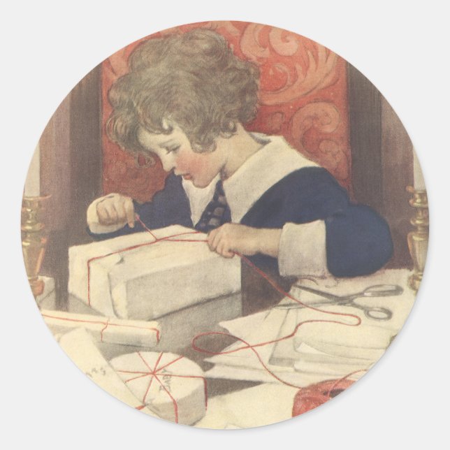 Pegatina Redonda Envolviendo regalos de Navidad, Jessie Willcox Smi (Anverso)
