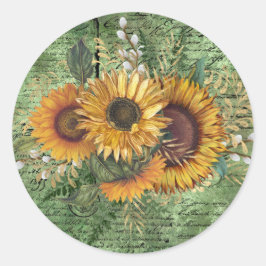 Pegatina Redonda Ephemera verde del Bouquet del girasol vintage