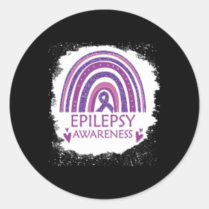 Pegatina Redonda Epilepsia Awareness Bleached Rainbow Purple Ribbon