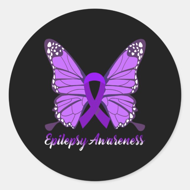 Pegatina Redonda Epilepsia Awareness Butfly Púrpura Cinta Epileps (Anverso)