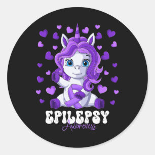 Pegatina Redonda Epilepsia Awareness Month Púrpura Ribbon Unicorn