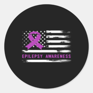 Pegatina Redonda Epilepsia Awarness Bandera Americana Cinta Púrpura