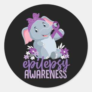 Pegatina Redonda Epilepsia divertida Conciencia Flor Elephant Ribbo