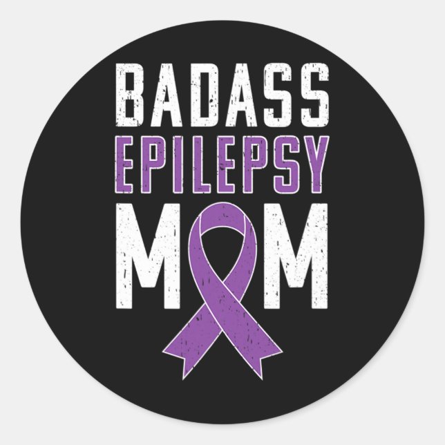 Pegatina Redonda Epilepsy Awareness Byd Epilepsy Mom Purple Ribbon  (Anverso)