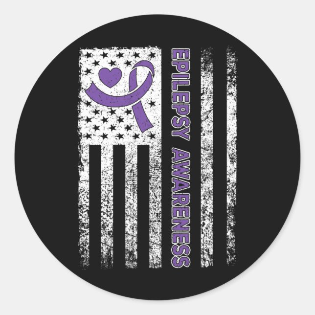 Pegatina Redonda Epilepsy Awareness Flag Purple Ribbon Epilepsy War (Anverso)
