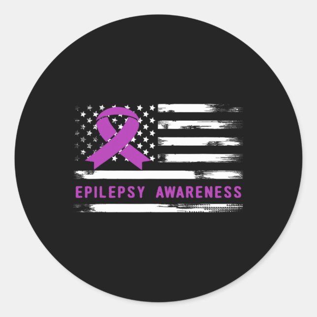 Pegatina Redonda Epilepsy Awarness American Flag Purple Ribbon  (Anverso)