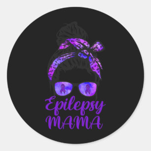 Pegatina Redonda Epilepsy Mama Messy Bun Hair Glasses Bandana Purpl
