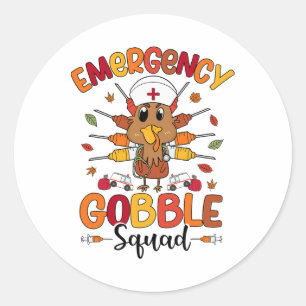 Pegatina Redonda Equipo de Emergencia Gobble Pavo Enfermera Diverti