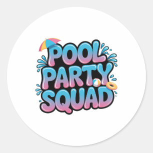 Pegatina Redonda Equipo de fiesta en la piscina cumpleaños de veran