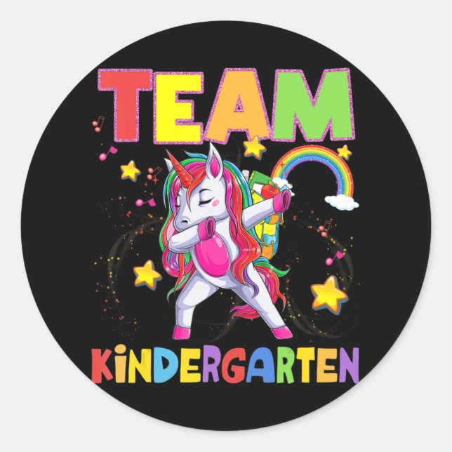 Pegatina Redonda Equipo De Kindergarten Dabbing Unicorn De Vuelta A (Anverso)