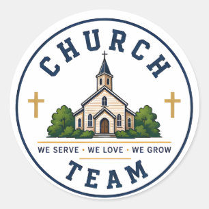 Pegatina Redonda Equipo de la Iglesia We Serve We Love