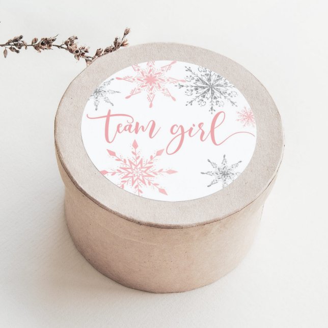 Pegatina Redonda Equipo de niña de copos de nieve plateados y rosas (Subido por el creador)