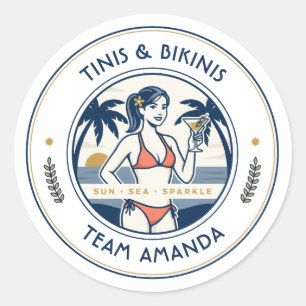 Pegatina Redonda Equipo de Novia Preppy Coastal Tinis & Bikinis
