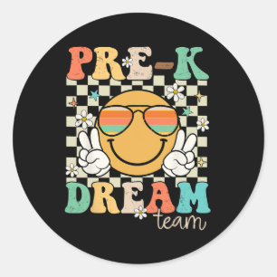 Pegatina Redonda Equipo de pre-k Soñador Maestro Retro Preescolar D