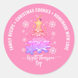Pegatina Redonda Equipo de repostería de árbol de Navidad rosa copo