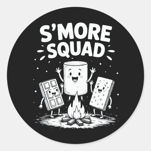 Pegatina Redonda Equipo de S'mores Camping Fuego Cute Marshmallow (Anverso)