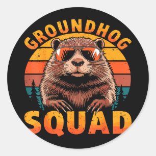 Pegatina Redonda Equipo divertido de marmota Día feliz de la marmot