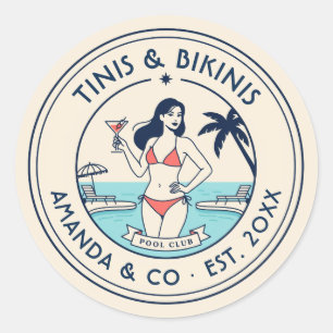 Pegatina Redonda Equipo Novia Tinis & Bikinis Preppy Pool Club