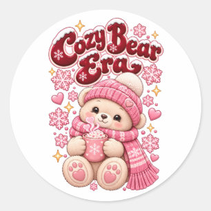 Pegatina Redonda Era del Oso Acogedor Navidad Rosa Lindo 