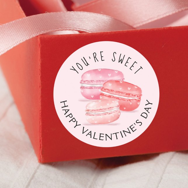 Pegatina Redonda Eres dulce, feliz Día de San Valentín. Macaron Coo (You're Sweet Happy Valentine's Day Macaron Cookies Classic Round Sticker)