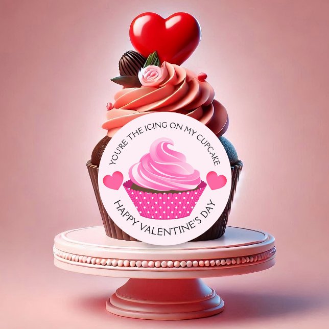Pegatina Redonda Eres la torta feliz del día de San Valentín (You're the icing on my cupcake Valentine's sticker to seal you packaging or use as cake picks.)