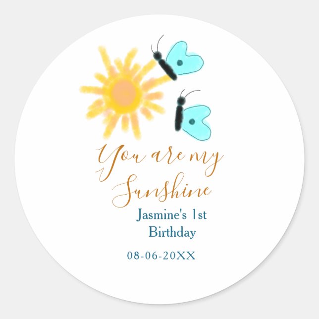 Pegatina Redonda Eres mi naranja amarillo sol azul mariposa (Anverso)