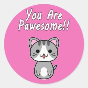 Pegatina Redonda Eres Pawesome!! Gato Atigrado Gris Escritura Blanc