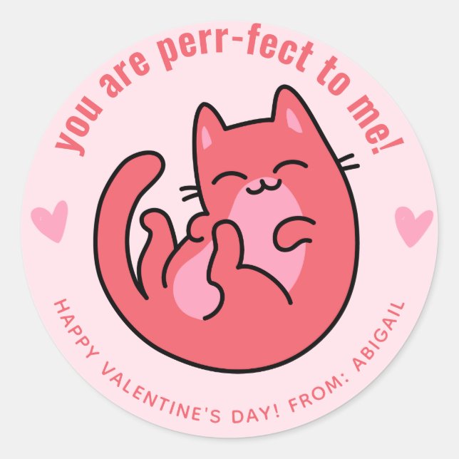Pegatina Redonda ¡Eres Perr-fecto! Valentine de clase Cute Cat (Anverso)