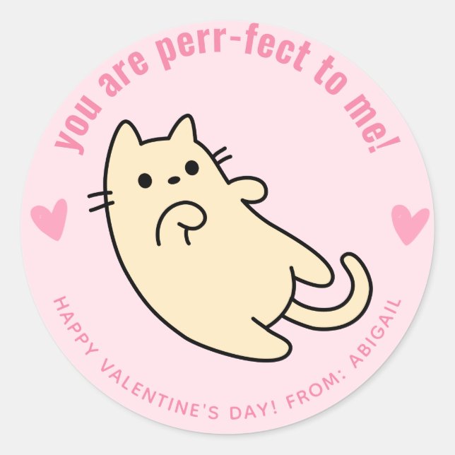 Pegatina Redonda ¡Eres Perr-fecto! Valentine de clase Cute Cat (Anverso)