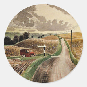 Pegatina Redonda Eric Ravilious art, Wiltshire Landscape,