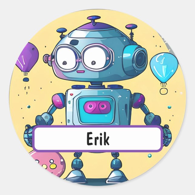 Pegatina Redonda Erik el robot brillante con el nombre Personalizad (Anverso)