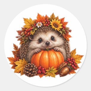 Pegatina Redonda Erizo Lindo Calabaza de Otoño Cosecha