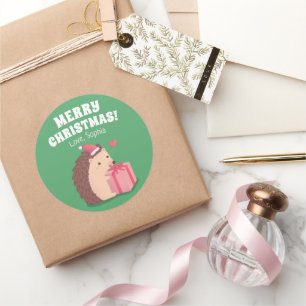 Pegatina Redonda Erizo Pequeño y Lindo con Regalo de Navidad