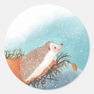 Pegatina Redonda Erizo y primeros copos de nieve
