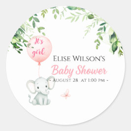 Pegatina Redonda ¡Es chica! Bebé de elefante lindo con globo