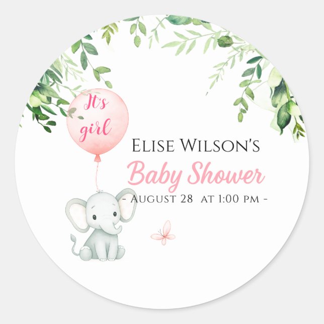 Pegatina Redonda ¡Es chica! Bebé de elefante lindo con globo (Anverso)